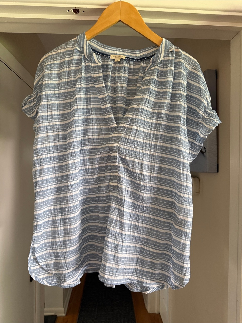 Pilcro Blue and White Striped V-Neck Blouse